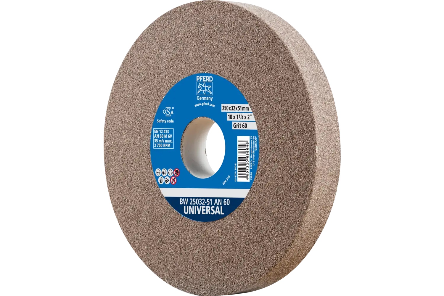 Picture of Pferd Vitrified Bench Wheel, Universal, 10" X 1-1/4 X 2, 60 Grit, Aluminum Oxide